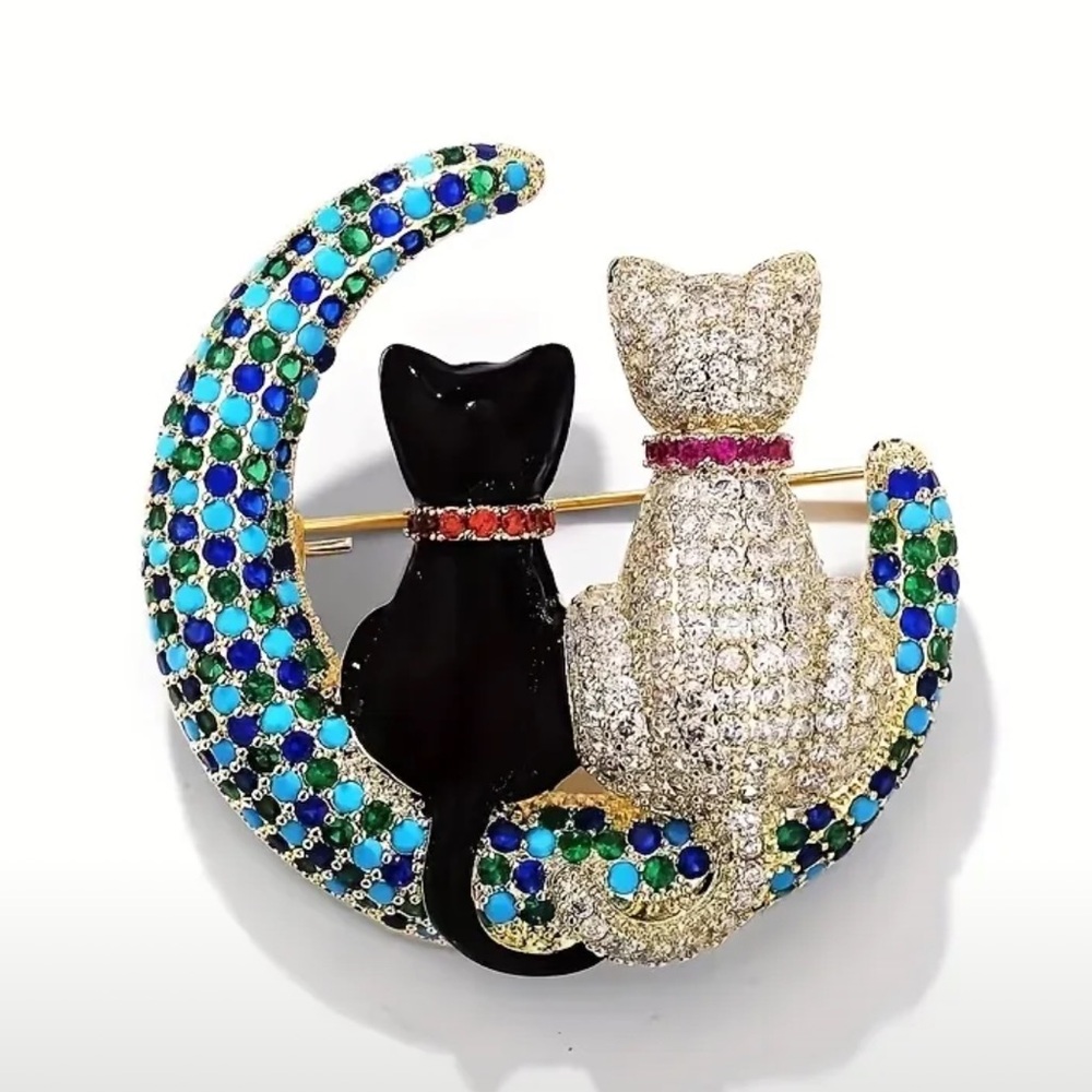 Two Kitty Cats Crescent Moon, Vintage Inspired Brooch with Rhinestones